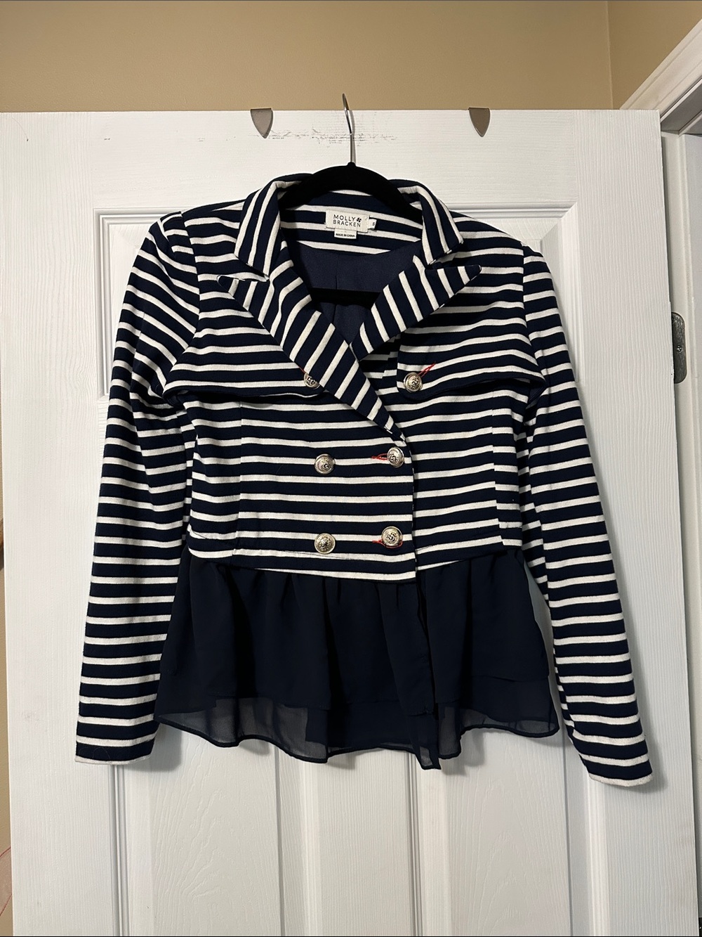 Molly Bracken Navy and White Striped Peplum Double-Breasted Blazer